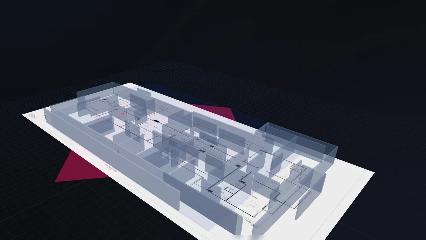 Planta Imersiva 3D: pavimento importado do projeto, paredes em 3D e zona de alarme destacada